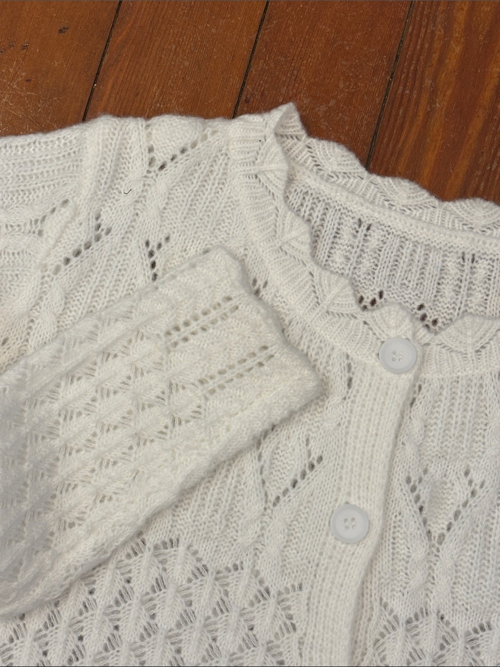 White Lace Knit Cardigan Cropped Button Front Romantic Cottagecore Coquette L - Picture 9 of 9